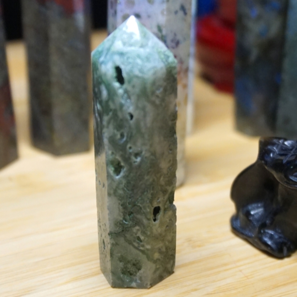 Moss Agate Crystal Point Tower